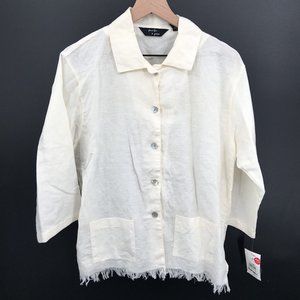NEW JENNIFER & GRACE Linen Blend Button-Front Fringed-Hem Blouse Ivory M women's